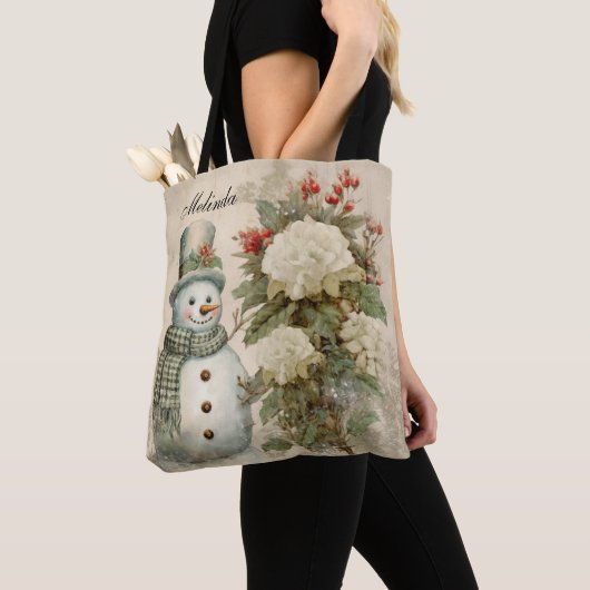 Gepersonaliseerde rustieke  sneeuwman kerst tote bag (Dichtbij)