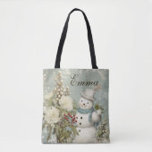 Gepersonaliseerde rustieke  sneeuwman kerst tote bag (Voorkant)
