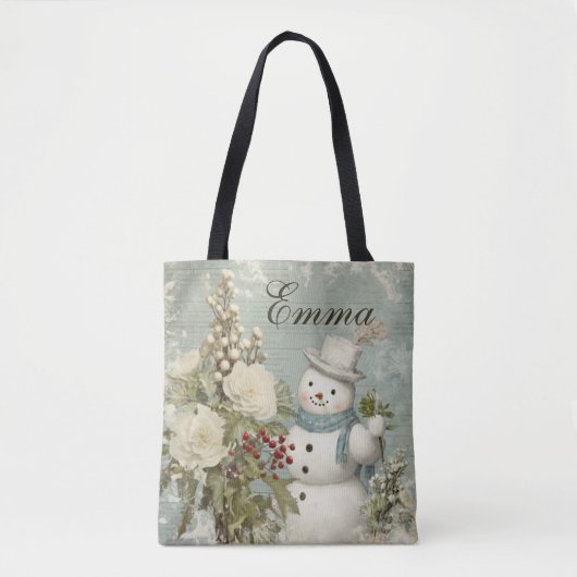 Gepersonaliseerde rustieke  sneeuwman kerst tote bag (Voorkant)