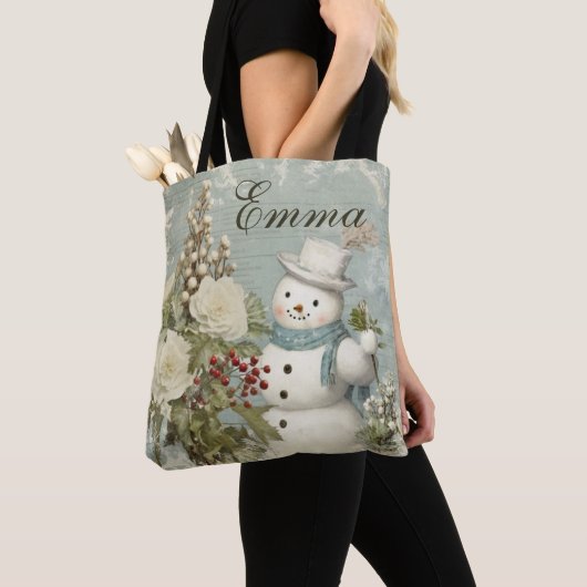 Gepersonaliseerde rustieke  sneeuwman kerst tote bag (Dichtbij)