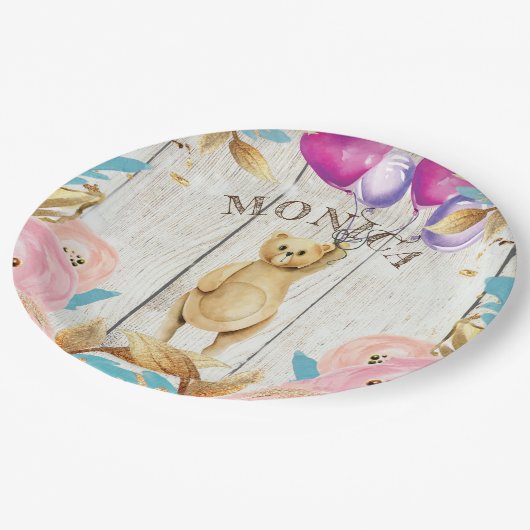 Gepersonaliseerde rustieke teddybeer papieren bordje (Gekanteld)