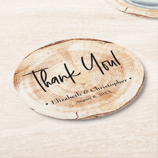 Gepersonaliseerde Rustische Schijf Dank u Wedding  Ronde Kartonnen Onderzetter (Gebogen)