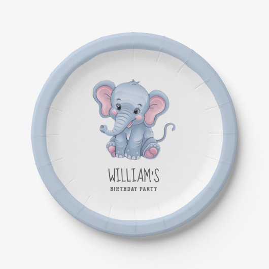 Gepersonaliseerde Safari Dier Olifant Wit Blauw Papieren Bordje (Voorkant)