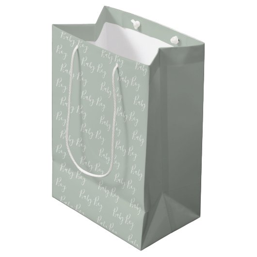 Gepersonaliseerde Sage Green Elegant Baby Boy Medium Cadeauzakje (Voorkant Gekanteld)