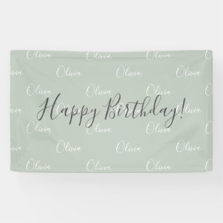 Gepersonaliseerde Sage Green Elegant Name Birthday Spandoek