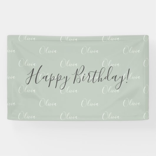 Gepersonaliseerde Sage Green Elegant Name Birthday Spandoek (Horizontaal)