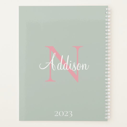 Gepersonaliseerde Sage Green Monogram roze Planner (Achterkant)