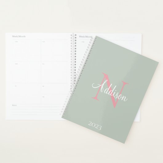 Gepersonaliseerde Sage Green Monogram roze Planner (Display)