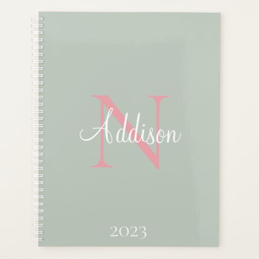 Gepersonaliseerde Sage Green Monogram roze Planner (Voorkant)