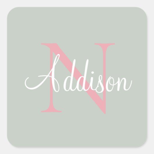 Gepersonaliseerde Sage Green Monogram roze Vierkante Sticker (Voorkant)