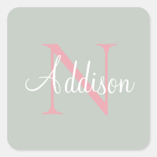 Gepersonaliseerde Sage Green Monogram roze Vierkante Sticker