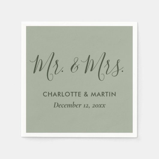 Gepersonaliseerde Sage Green Mr. en Mrs Wedding Servet (Voorkant)