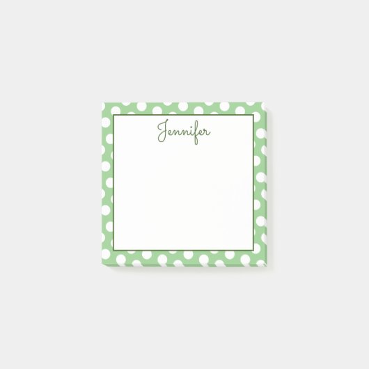 Gepersonaliseerde Sage Groene en Witte Polka Dots Post-it® Notes (Voorkant)