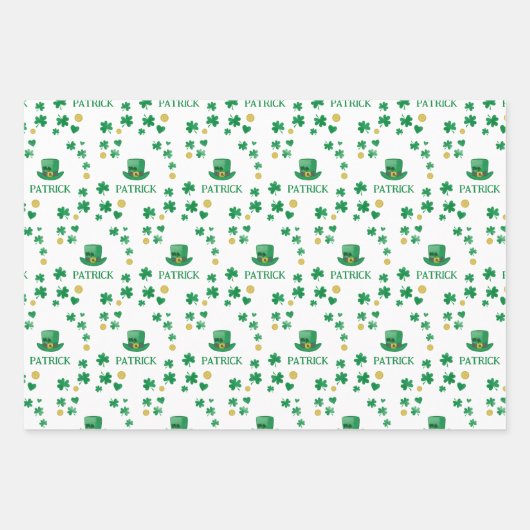 Gepersonaliseerde Saint Patricks Leprechaun Clover Inpakpapier Vel (Voorkant)