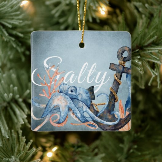 Gepersonaliseerde salty Octopus, kerst met anker o Keramisch Ornament (Boom)