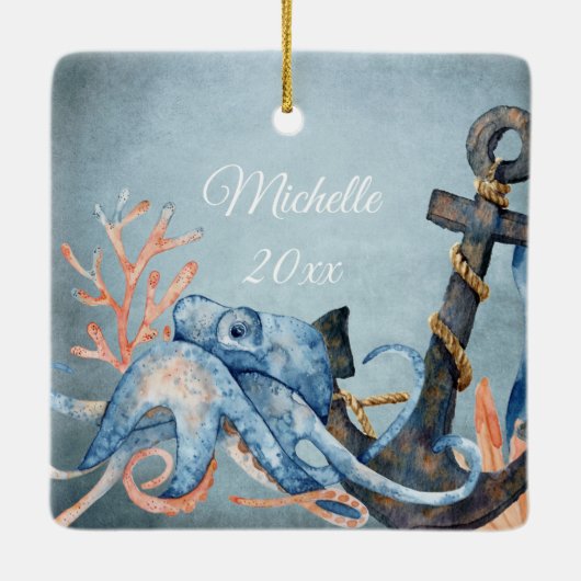 Gepersonaliseerde salty Octopus, kerst met anker o Keramisch Ornament (Achterkant)