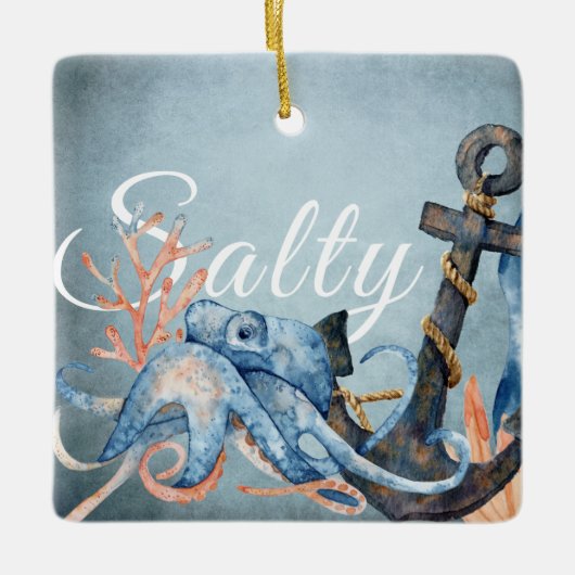 Gepersonaliseerde salty Octopus, kerst met anker o Keramisch Ornament (Voorkant)