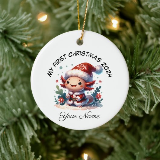Gepersonaliseerde Santa Axolotl Eerste Kerstmis Keramisch Ornament (Boom)