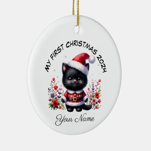 Gepersonaliseerde Santa Black Kitten Eerste Kerstm Keramisch Ornament (Rechts)