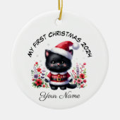 Gepersonaliseerde Santa Black Kitten Eerste Kerstm Keramisch Ornament (Voorkant)