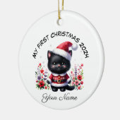 Gepersonaliseerde Santa Black Kitten Eerste Kerstm Keramisch Ornament (Links)
