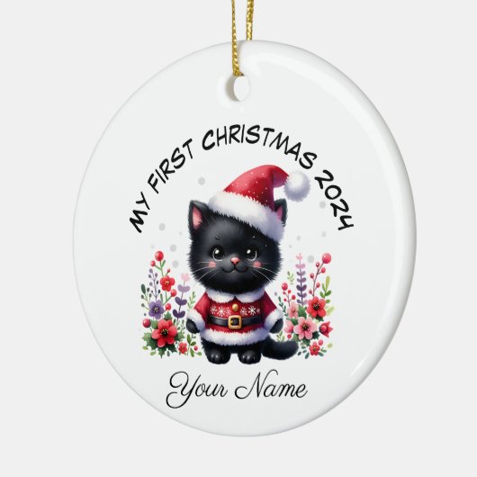 Gepersonaliseerde Santa Black Kitten Eerste Kerstm Keramisch Ornament (Links)