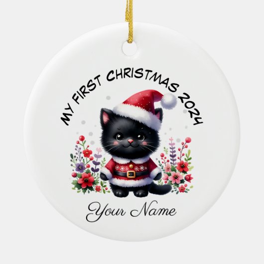 Gepersonaliseerde Santa Black Kitten Eerste Kerstm Keramisch Ornament (Achterkant)