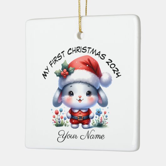 Gepersonaliseerde Santa Bunny Eerste Kerstmis Keramisch Ornament (Links)