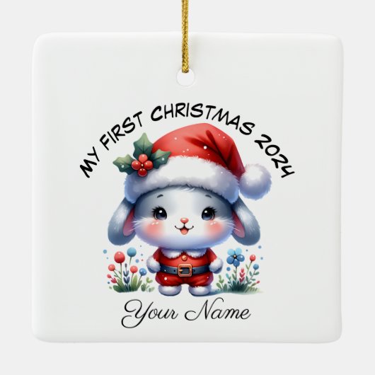 Gepersonaliseerde Santa Bunny Eerste Kerstmis Keramisch Ornament (Achterkant)
