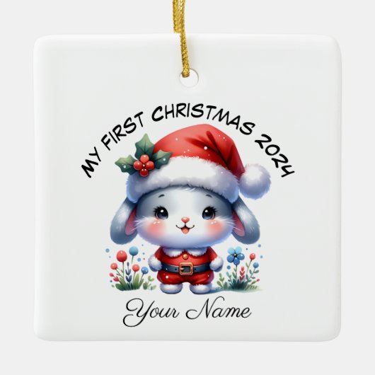 Gepersonaliseerde Santa Bunny Eerste Kerstmis Keramisch Ornament (Voorkant)