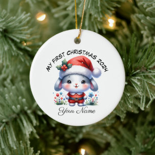 Gepersonaliseerde Santa Bunny Eerste Kerstmis Keramisch Ornament