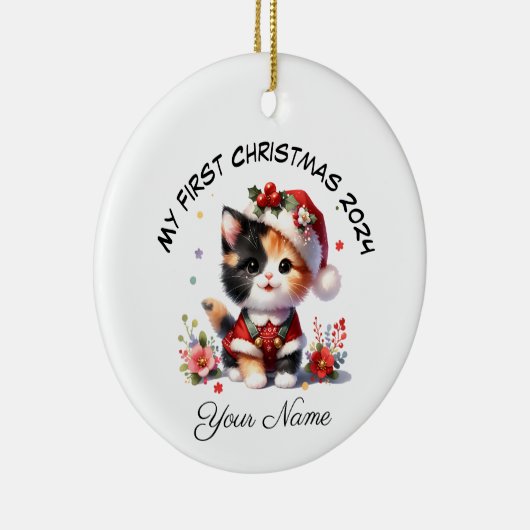 Gepersonaliseerde Santa Calico Kitten Eerste Kerst Keramisch Ornament (Rechts)