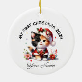 Gepersonaliseerde Santa Calico Kitten Eerste Kerst Keramisch Ornament (Achterkant)
