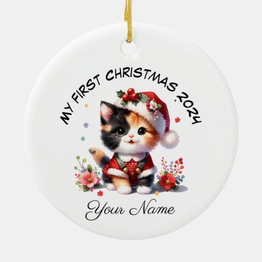 Gepersonaliseerde Santa Calico Kitten Eerste Kerst Keramisch Ornament (Achterkant)