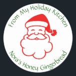 Gepersonaliseerde  Santa Christmas Baking Ronde Sticker<br><div class="desc">Deze nostalgische kerst bakken sticker shows een vrolijke Santa hoofd in een  ontwerp. Alle tekst kan eenvoudig naar wens worden aangepast en gepersonaliseerd. Een origineel ontwerp exclusief verkrijgbaar bij ©EleSil online winkel. Alle rechten op ontwerp,  afbeeldingen en tekst voorbehouden.</div>