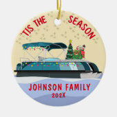 Gepersonaliseerde Santa Christmas Ponton Boat Keramisch Ornament (Voorkant)