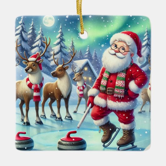 Gepersonaliseerde Santa Curling met zijn rendier Keramisch Ornament (Voorkant)