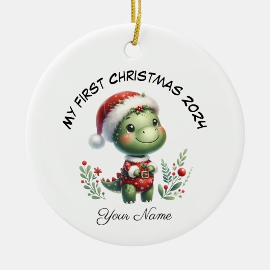 Gepersonaliseerde Santa Dinosaur Eerste Kerstdag Keramisch Ornament (Voorkant)
