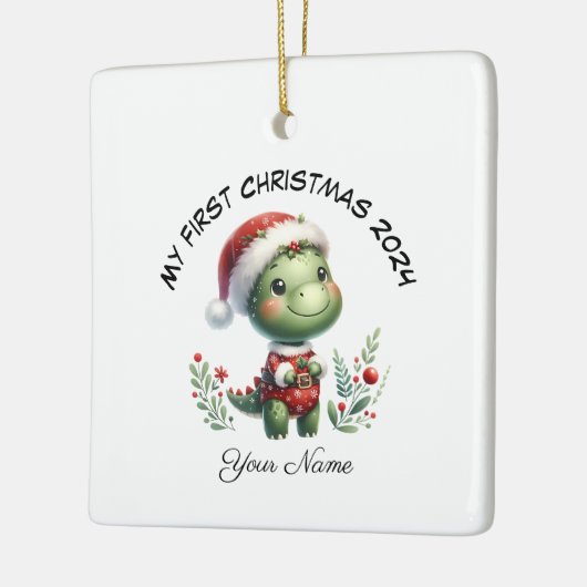 Gepersonaliseerde Santa Dinosaur Eerste Kerstdag Keramisch Ornament (Links)