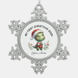 Gepersonaliseerde Santa Dinosaur Eerste Kerstdag Tin Sneeuwvlok Ornament