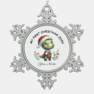 Gepersonaliseerde Santa Dinosaur Eerste Kerstdag Tin Sneeuwvlok Ornament