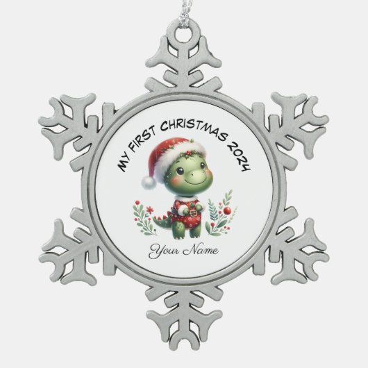 Gepersonaliseerde Santa Dinosaur Eerste Kerstdag Tin Sneeuwvlok Ornament (Voorkant)