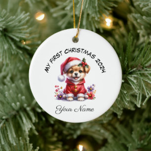 Gepersonaliseerde Santa Dog Puppy Eerste Kerstmis Keramisch Ornament