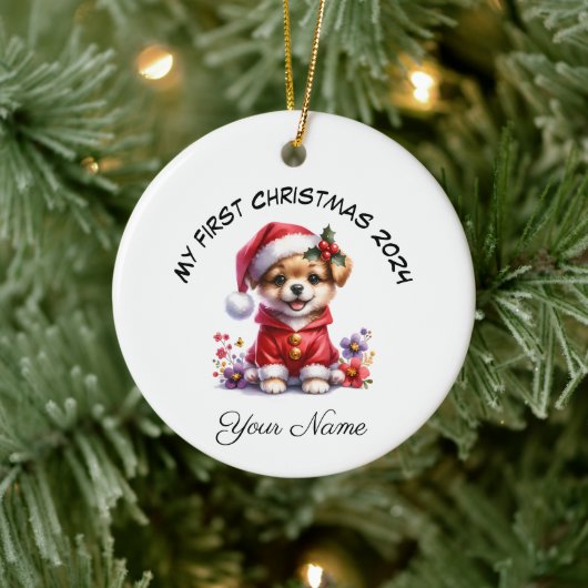 Gepersonaliseerde Santa Dog Puppy Eerste Kerstmis Keramisch Ornament (Boom)
