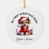 Gepersonaliseerde Santa Dog Puppy Eerste Kerstmis Keramisch Ornament (Voorkant)