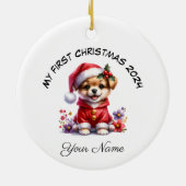 Gepersonaliseerde Santa Dog Puppy Eerste Kerstmis Keramisch Ornament (Achterkant)