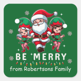 Gepersonaliseerde Santa & Elves Line Dancing Kerst Vierkante Sticker