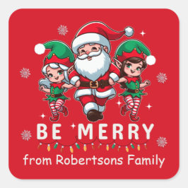 Gepersonaliseerde Santa & Elves Line Dancing Kerst Vierkante Sticker