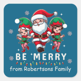 Gepersonaliseerde Santa & Elves Line Dancing Kerst Vierkante Sticker