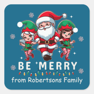 Gepersonaliseerde Santa & Elves Line Dancing Kerst Vierkante Sticker